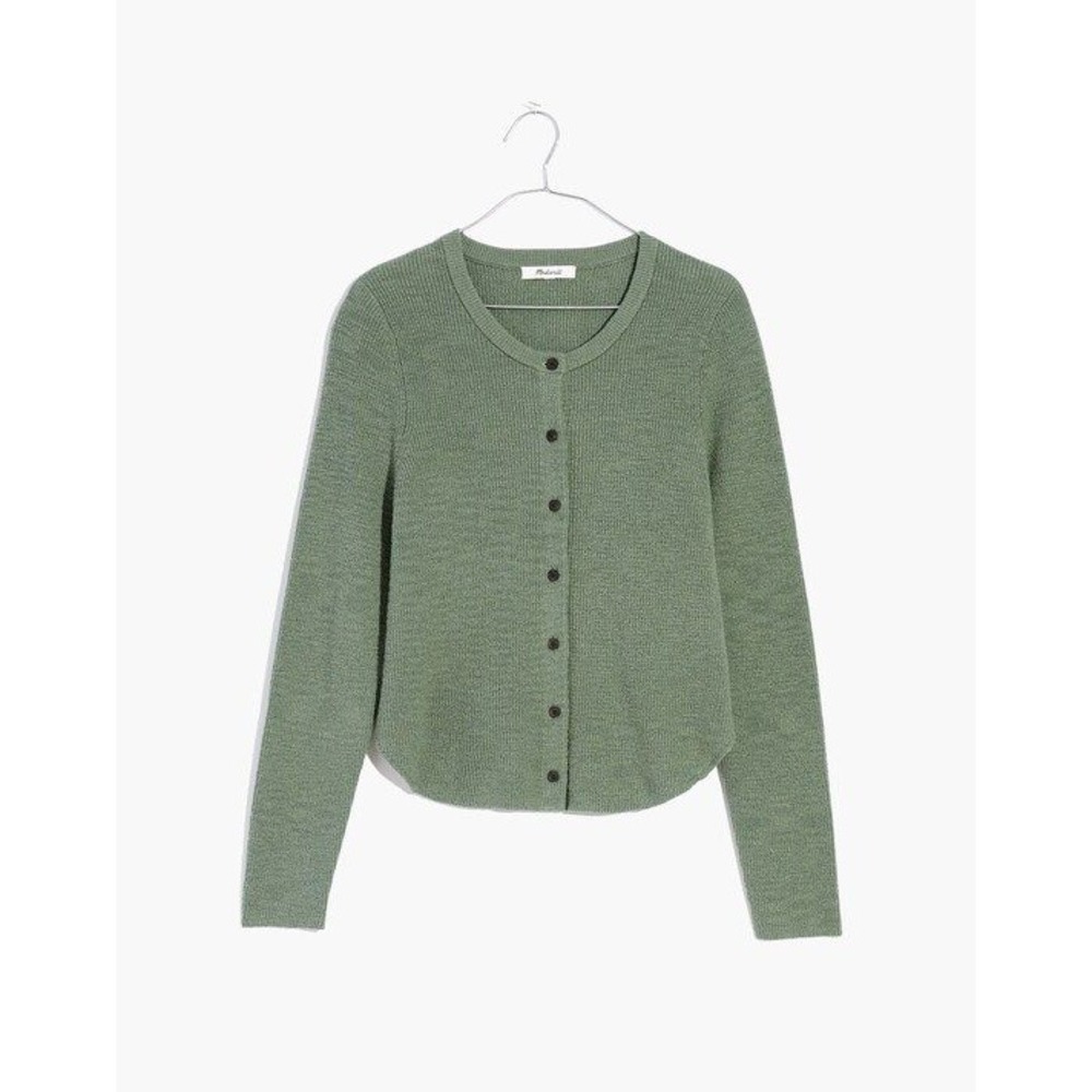 Madewell Sage Green Ribbed Cotton Blend Cardigan Sweater Curved Hem Small